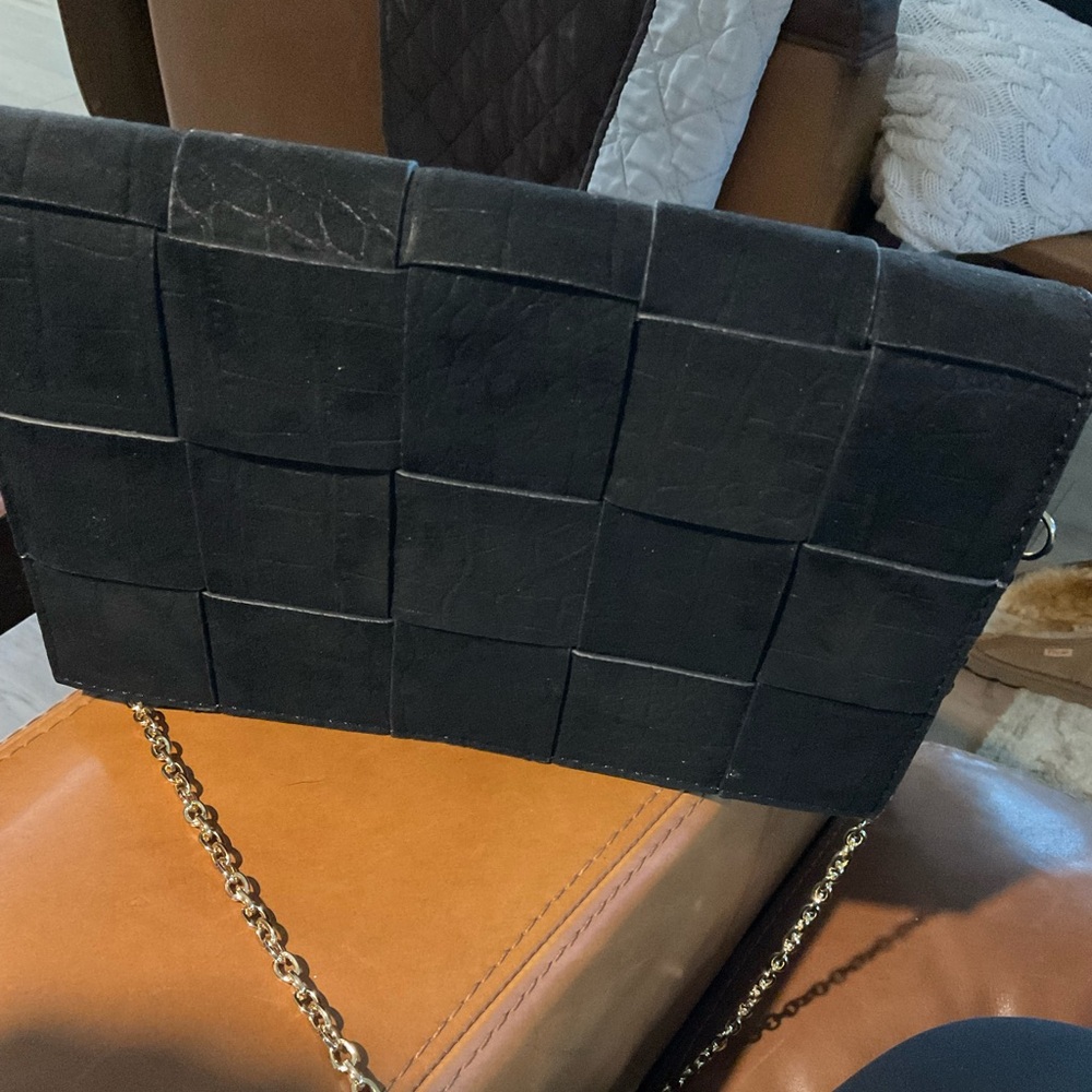 Black suede clutch with gold chain (removable)